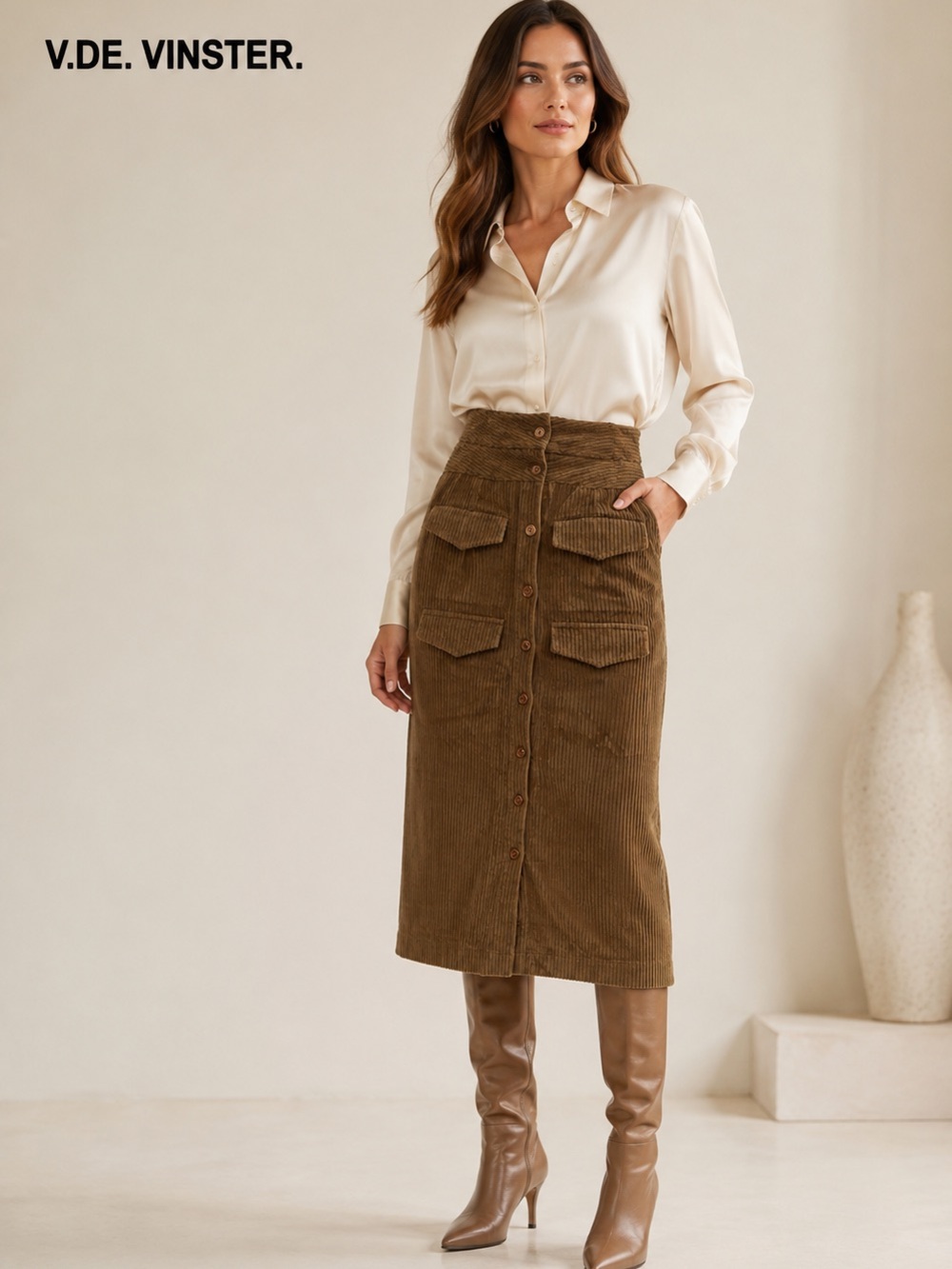 V.DE. VINSTER Corduroy Button Front Midi Skirt XS Brown